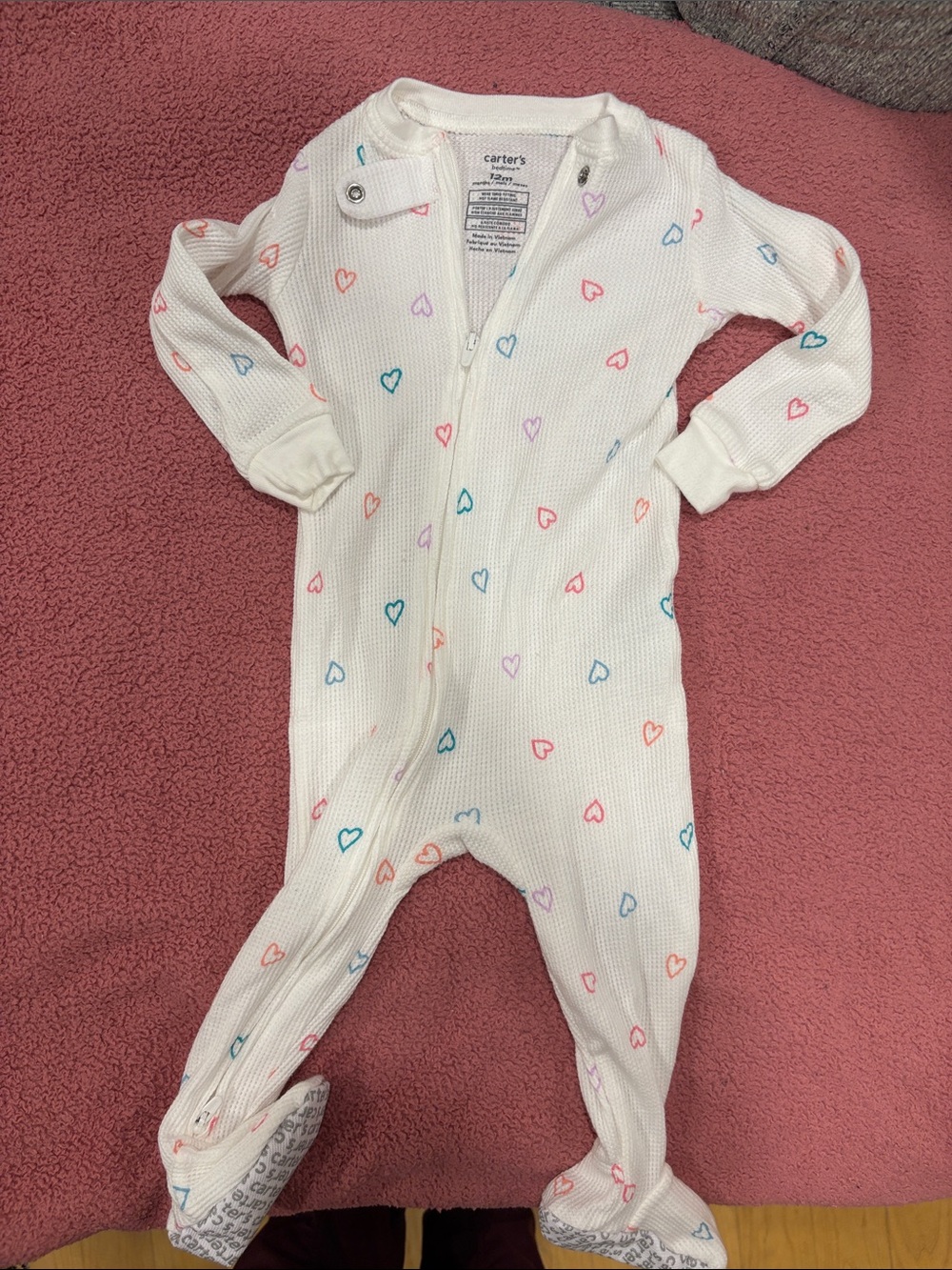 Carter's White Waffle-Knit Footed One-Piece with Multicolor Hearts